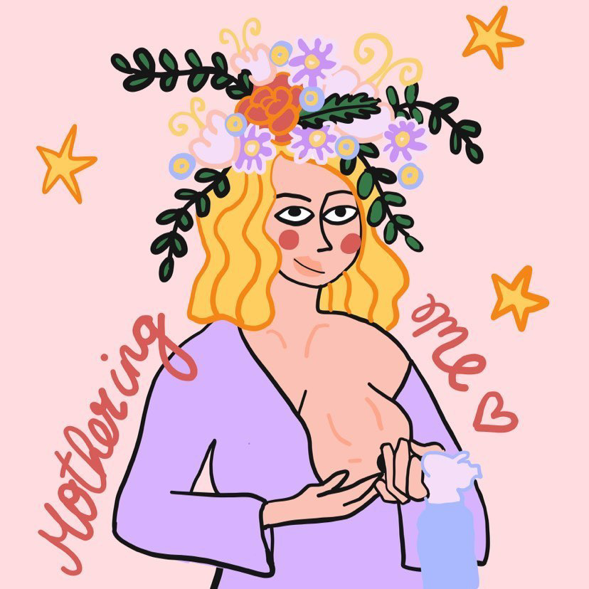 Logo van de cursus: een mama met kolf aan de borst. Bloemen op haar hoofd en sterren om haar heen. En de titel: Mothering Me