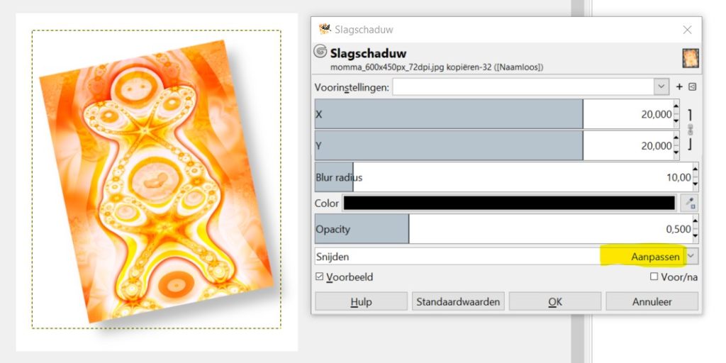 extra opties in diverse filters in Gimp 2.10.14 - Zoals de slagschaduw.