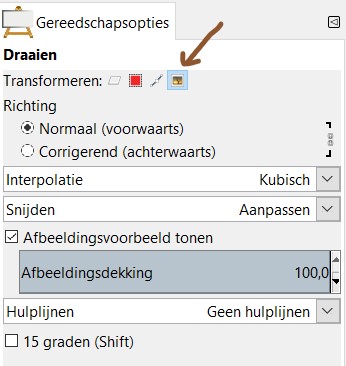 extra optie in gereedschapsopties voor trasnformeren in Gimp