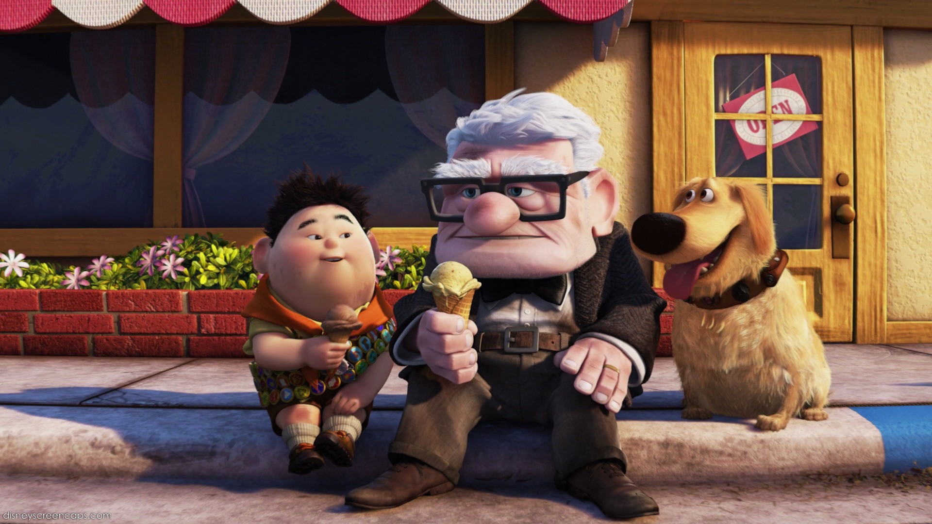 Carl, Russell en Dug uit de film "Up". Pixar is de autoriteit op het gebied van empathie creëeren met storytelling. Afbeelding van Pixar.