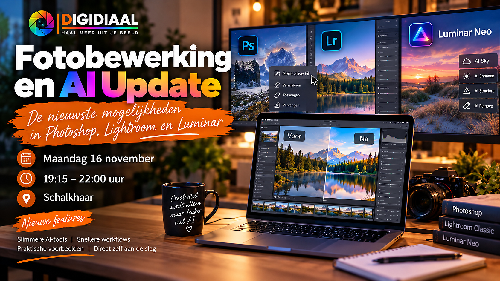 Fotobewerking en AI Update: Photoshop, Lightroom en Luminar Neo. Maandag 16 november, 19.15–22.00 uur in Schalkhaar.