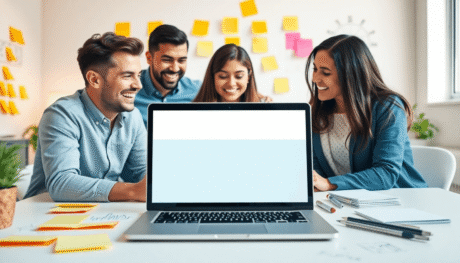 Heldere werkruimte met een laptop die een schone landingspagina toont, plakkertjes, schetsen en drie ondernemers die enthousiast samenwerken.