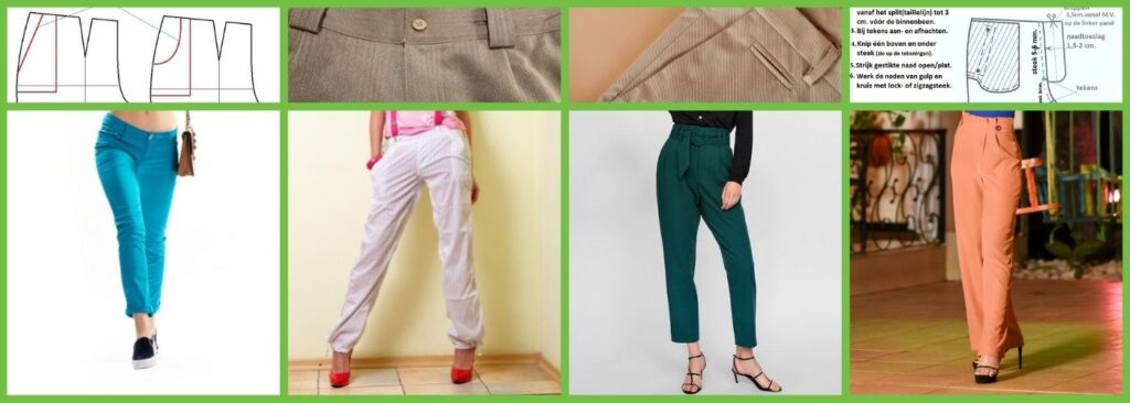 collage van verschillende broeken, broek patroon tekenen, gulp detail en steekzak bij broek naaien