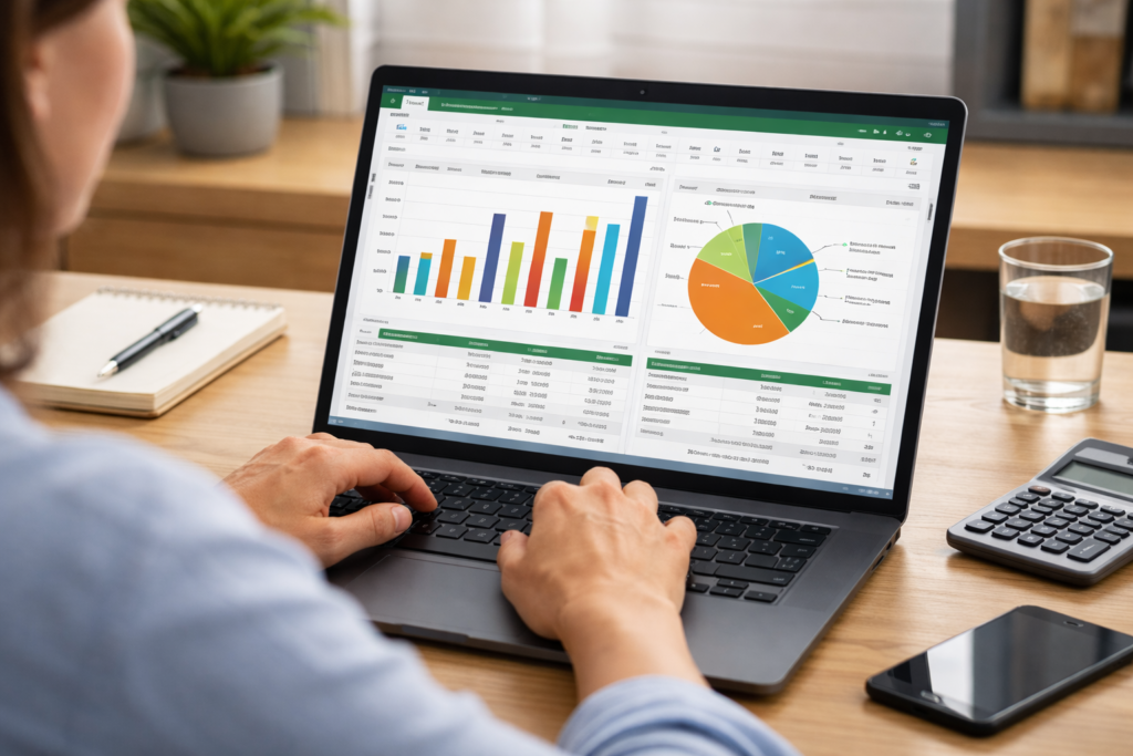 Iemand die achter de laptop met Excel aan het werk is.