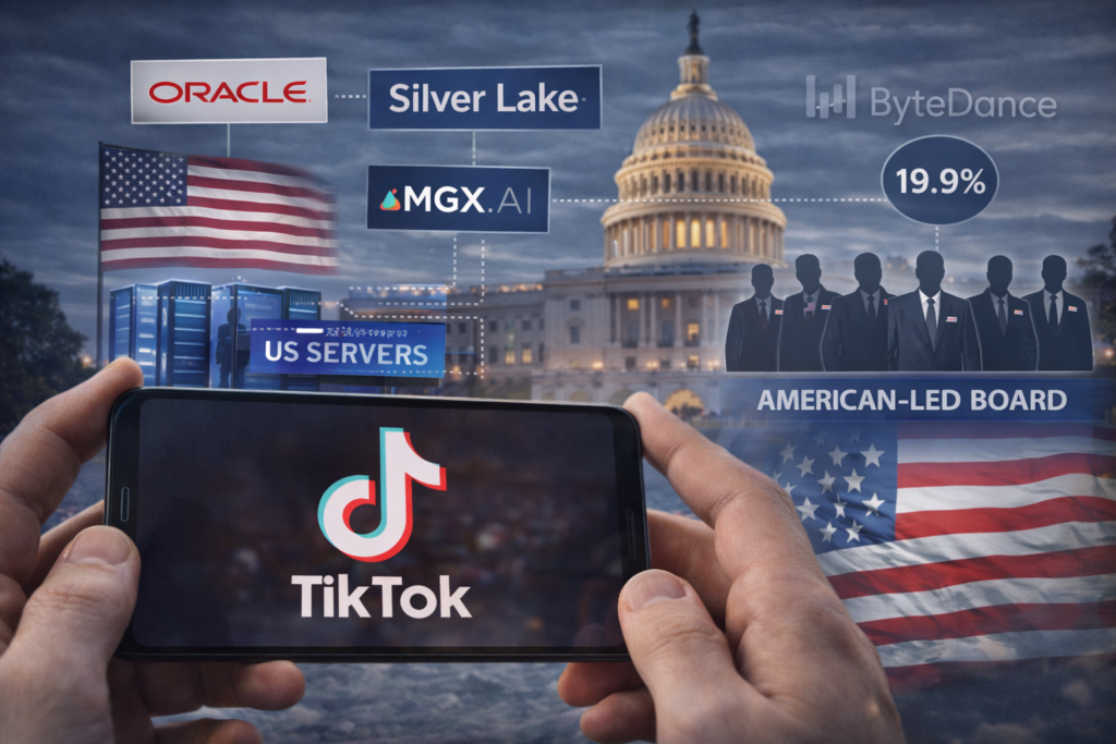 TikTok op smartphone met Amerikaanse achtergrond