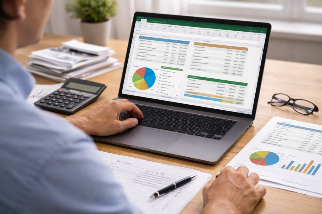 persoon werkt met Excel voor financiële administratie en overzichten met grafieken en berekeningen