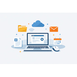 Illustratie van digitale basisvaardigheden met laptop, bestanden, e-mail en cloud