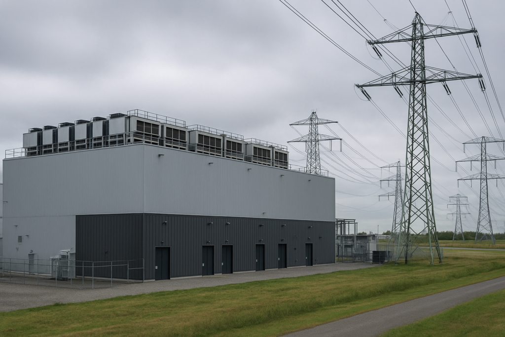 Groot datacenter met koelsystemen en hoogspanningsmasten, dat het hoge energieverbruik van datacenters en de impact op het elektriciteitsnet in Nederland laat zien.